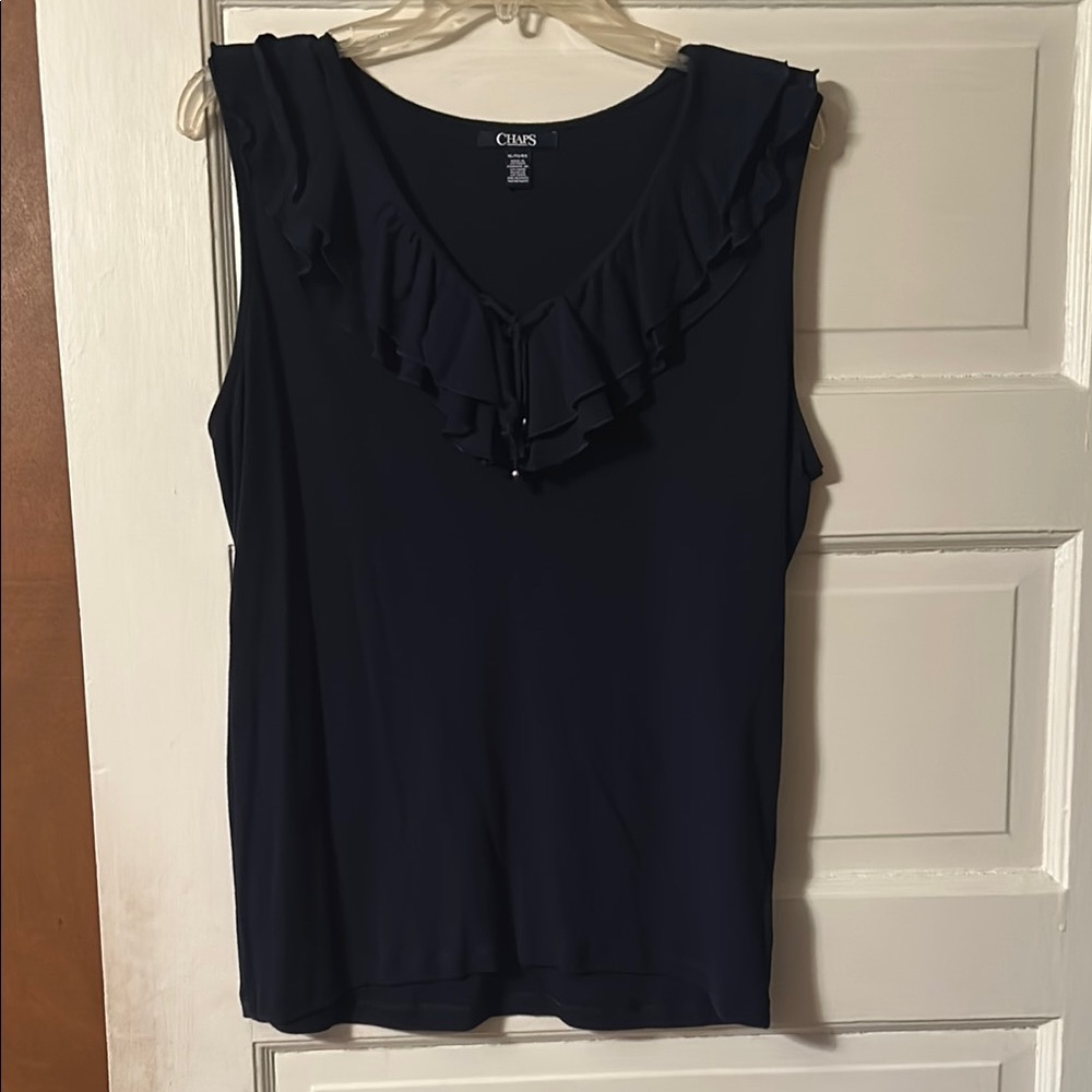 Chaps Sleeveless Navy Blue Ruffled Blouse